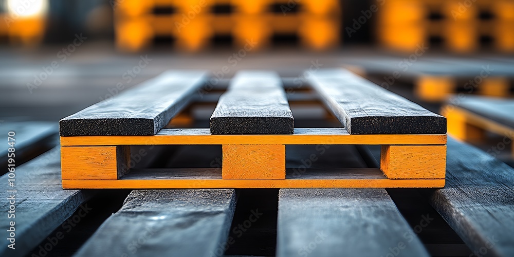 Poster industrial wooden pallets with highlighted yellow accent in a warehouse setting for shipping and sto