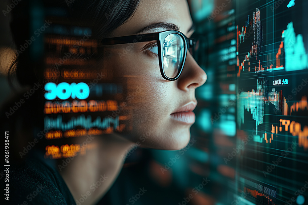 Poster focused female programmer in glasses analyzes data on multiple screens, immersed in digital environment