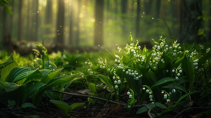Fototapeta premium A lush green forest with a lot of flowers and leaves. The sunlight is shining through the trees, creating a peaceful and serene atmosphere. 