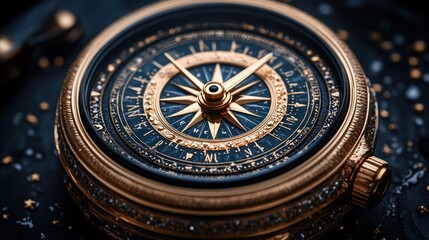 Fototapeta premium Close-up of a gold compass with a black face and a star in the center.