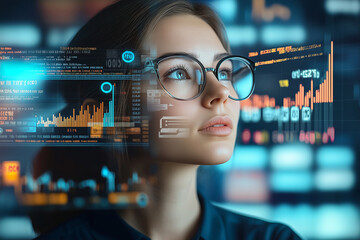 focused female programmer in glasses analyzes data on digital screens, surrounded by code and graphs, reflecting high tech environment