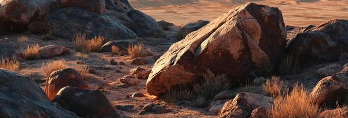 Rugged desert landscape with towering rock formations at sunset