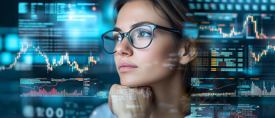 focused female programmer in glasses surrounded by digital data and graphs, reflecting on complex code and analytics in high tech environment