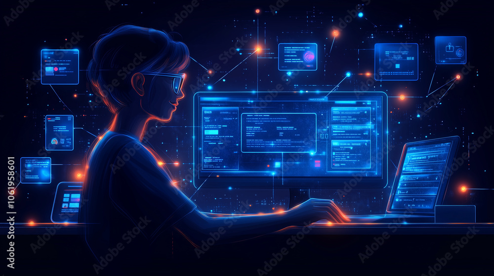 Poster person using multiple digital interfaces in futuristic setting, surrounded by glowing screens and data, representing advanced technology and connectivity