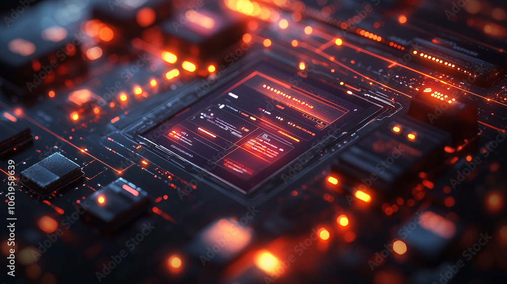 Poster glowing circuit board with intricate patterns and vibrant lights represents advanced technology and innovation. image captures essence of modern electronics and digital connectivity
