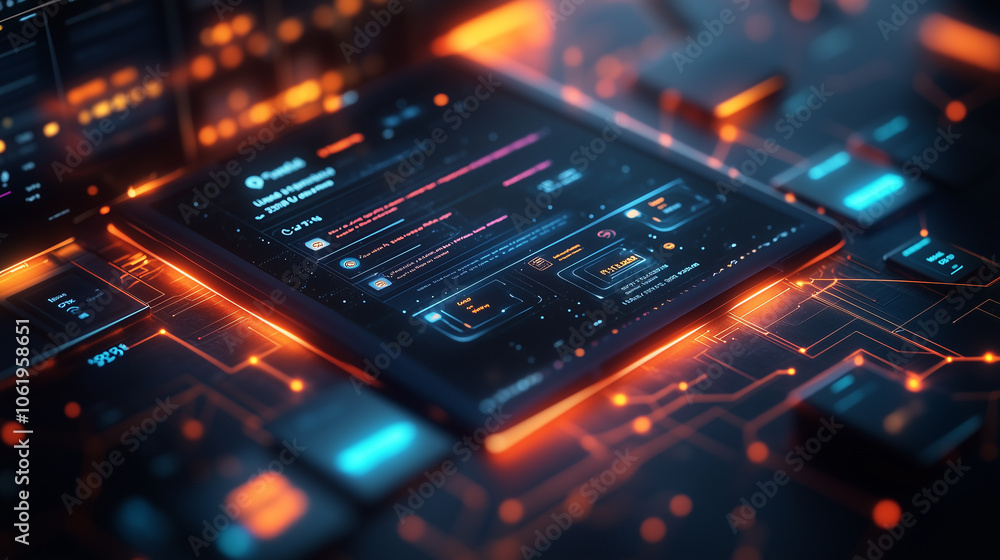 Poster futuristic digital interface with glowing orange and blue elements, showcasing sleek design and advanced technology. display features various data and interactive components