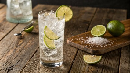 Fototapeta premium Gin and Tonic with Lime and Ice – Perfect for Cocktail Blogs, Summer Party Menus, Bar Guides, and Refreshing Drink Photography
