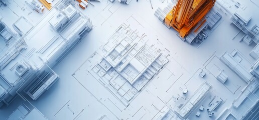 Overhead view of a construction site with a crane and white models of buildings on blueprints.