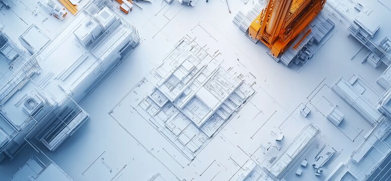 Overhead view of a construction site with a crane and white models of buildings on blueprints.