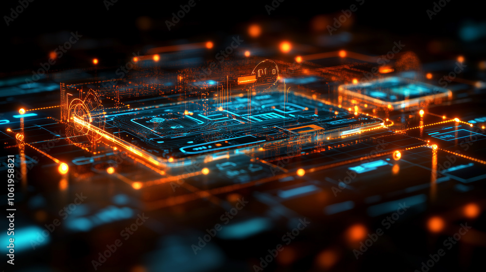 Poster glowing digital circuit board with futuristic technology elements, showcasing innovation and connectivity in virtual space. vibrant orange and blue lights create dynamic atmosphere