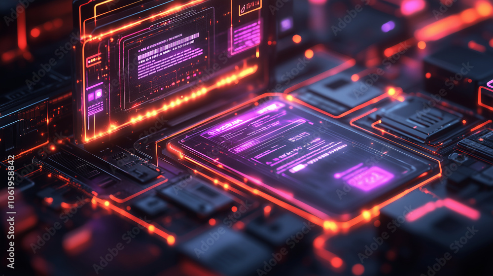Aufkleber futuristic digital interface with glowing neon elements represents advanced technology and data processing. vibrant colors and intricate design convey innovation and efficiency
