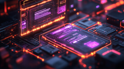 Fototapeta premium futuristic digital interface with glowing neon elements represents advanced technology and data processing. vibrant colors and intricate design convey innovation and efficiency