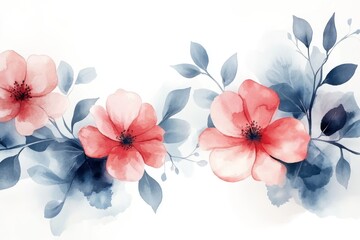 Watercolor Floral Border with Pink Flowers and Blue Leaves