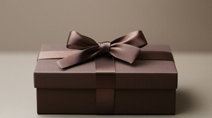 A beautifully wrapped brown gift box adorned with a satin ribbon sits on a plain surface against a soft neutral backdrop, adding a touch of elegance to any occasion.