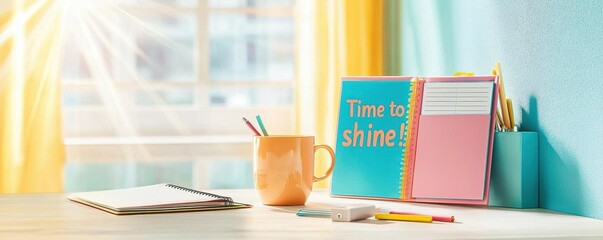 A bright and organized workspace filled with word "Time to shine!" on the walls, morning sunlight streaming in, coffee mug, planner open, productivity tools, vibrant and inspiring