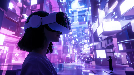 person wearing virtual reality headset explores vibrant digital cityscape, illuminated by neon lights and futuristic architecture, symbolizing digital transformation and generative AI