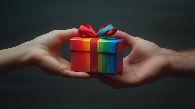 Hands Exchanging a Rainbow Wrapped Gift Box