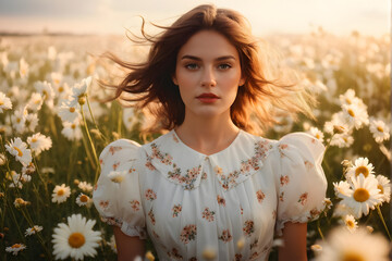 Naklejka premium A woman is standing in a field of white flowers