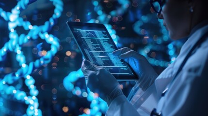 A medicine doctor holding an electronic medical record on a tablet, with DNA, digital healthcare