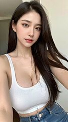 Fototapeta premium Close-Up Portrait of an Asian Woman with a Perfect Body, Beautiful Facial Features, Long Hair, Wearing a Tank Top and Jeans.