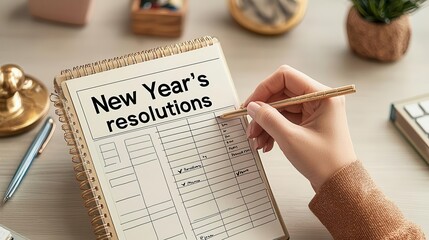 A person checking off completed goals on a list with title "New Year's resolutions ", clean workspace, organized planner with todo lists, calm and motivated expression, warm natura