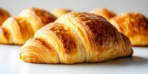 A golden, flaky croissant sits prominently, surrounded by additional pastries, showcasing delicious...