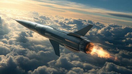 Tactical missile with pointed warhead, showcasing advanced engineering, on a cloudy background