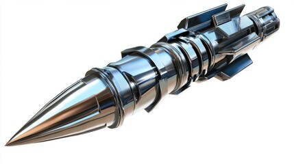 Tactical missile with sharp design and polished metallic surface, representing advanced weaponry, isolated on white background