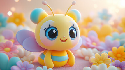 A cute pastel bee illustration among colorful flowers with a cheerful expression and whimsical details