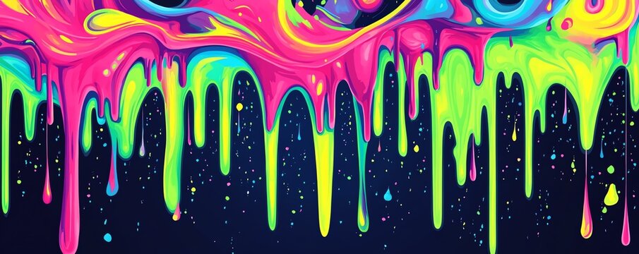Peinture fluo d&eacute;goulinante multicolore sur fond &eacute;toil&eacute;.
