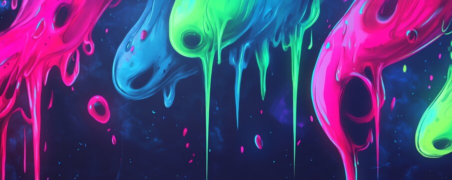 Art liquide fluorescent avec effet de coulures sur fond sombre.