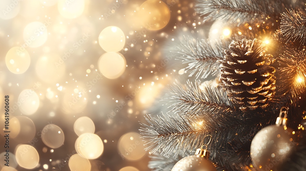 Poster Glowing Christmas Tree Branch with Pinecone and Baubles in Bokeh Light : Generative AI