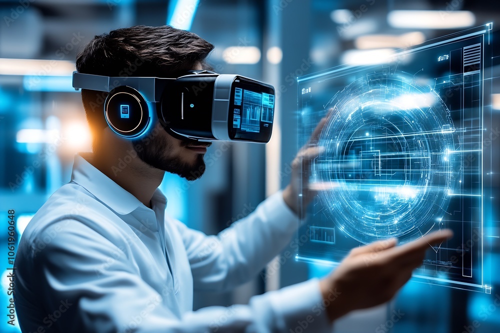 Aufkleber Futuristic VR Experience with Male Developer Using Virtual Reality : Generative AI