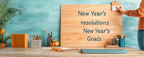A person standing by a vision board, adding "New Year's resolutions" and "New Year's Goals", cozy home office with soft light, motivational quotes on the board, sense of focus and