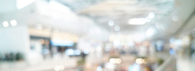 Banner Blurred background cafe coffee shop restaurant in shopping mall with light bokeh business event retail store. Banner blurry background interior design bar table chair windows with copy space
