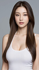 Close-Up Portrait of an Asian Woman with a Perfect Body, Beautiful Facial Features, Long Hair, Wearing a Tank Top and Jeans.