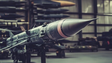 Tactical missile with sharp, metallic warhead, highlighting modern weaponry, on a plain background