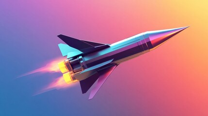 Tactical missile with sharp warhead and control fins, showcasing military design, isolated on a gradient background