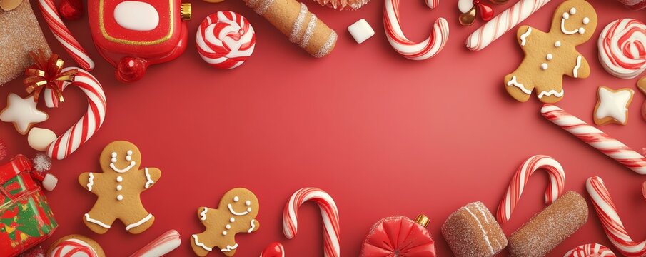 Composition de No&euml;l avec bonbons et biscuits sur fond rouge.