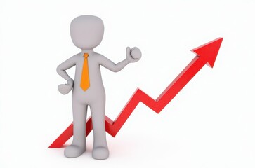 3d man red arrow success chart on white background.