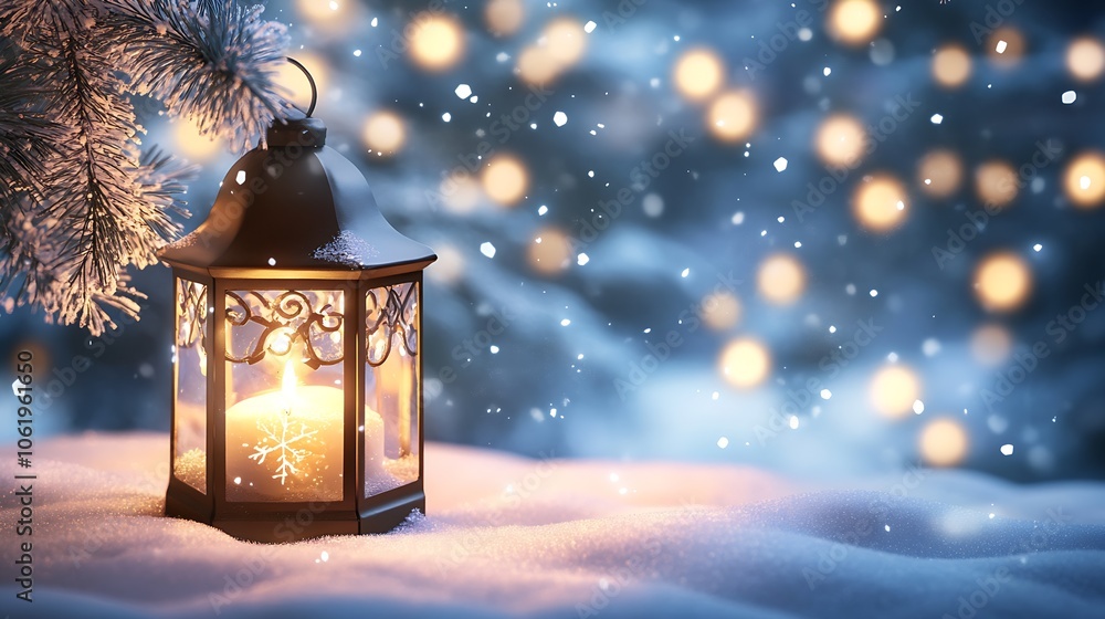 Poster snowy winter scene with lantern and warm candlelight creating a cozy atmosphere : generative ai
