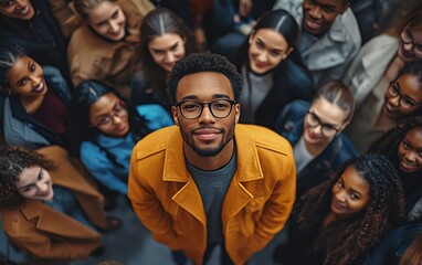 Fototapeta premium A confident figure standing tall among a diverse crowd, symbolizing business leadership and the essence of success