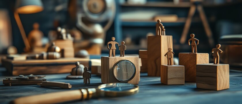 A creative workspace image with a magnifying glass and wooden cubes featuring human figures, representing innovative recruiting strategies