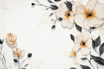 White Flowers with Black Leaves on White Background