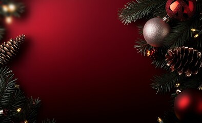festive christmas border with pine branches ornaments and pinecones against red background : Generative AI