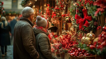 Obraz premium Couple Enjoying Winter Holiday Market Display