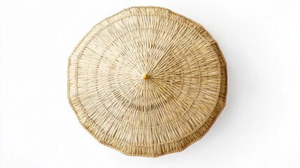 Fototapeta premium Top view of straw beach umbrella with intricate woven design on a clean white background
