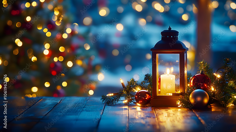 Poster lantern and christmas tree glowing on table with decoration and string lights - bokeh and glittering