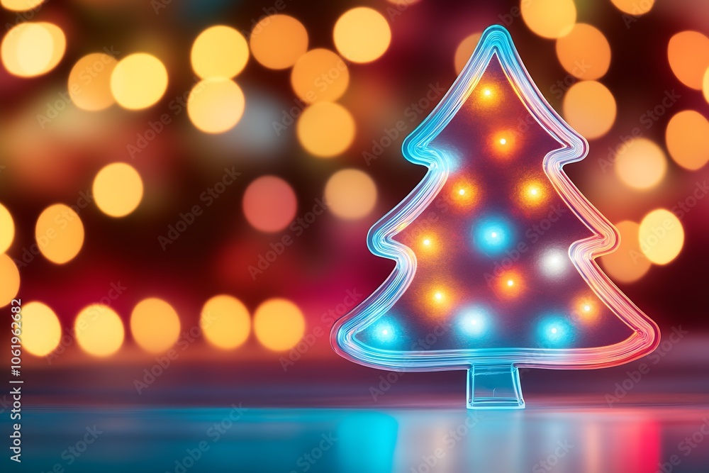 Poster Magical Neon Christmas Tree with Colorful Lights Against Bokeh Background : Generative AI