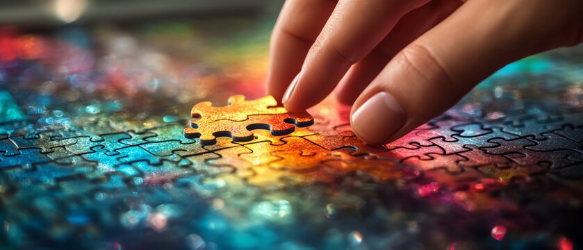 A focused hand placing the final piece of a colorful abstract puzzle, representing successful decisionmaking and problemsolving in business